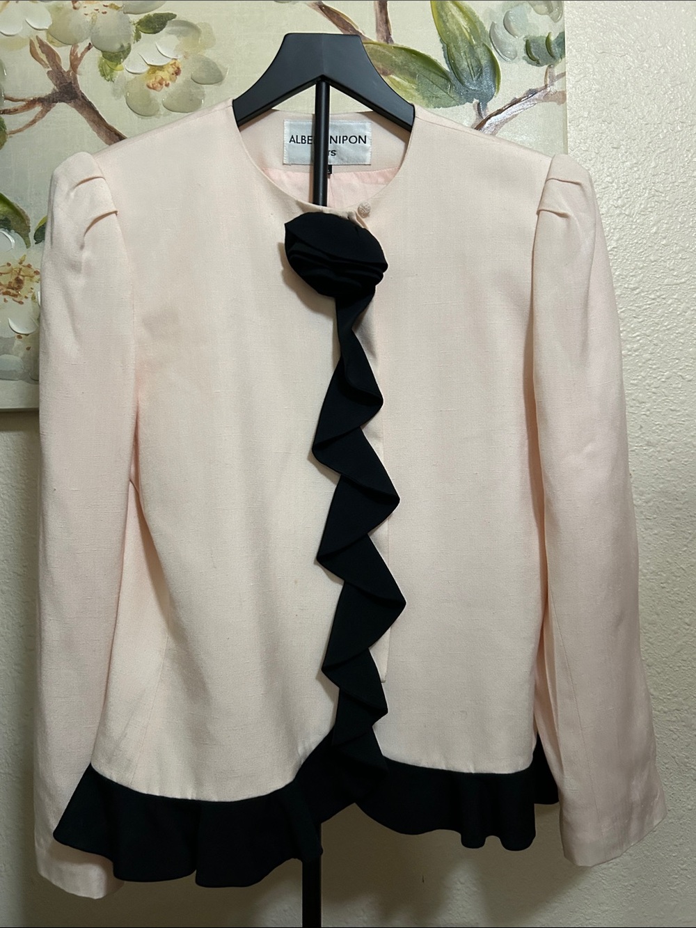 Albert Nipon Pale Pink Jacket with Black Ruffle Trim